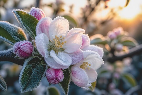 Delicate apple blossoms coated in sparkling frost glow in the warm light of sunrise, illustrating the beauty and vulnerability of spring orchards during a late frost.