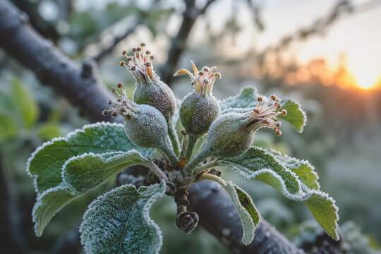 Young developing apples and blossoms covered in frost at dawn highlight the risks of late spring freezes to orchard crops.