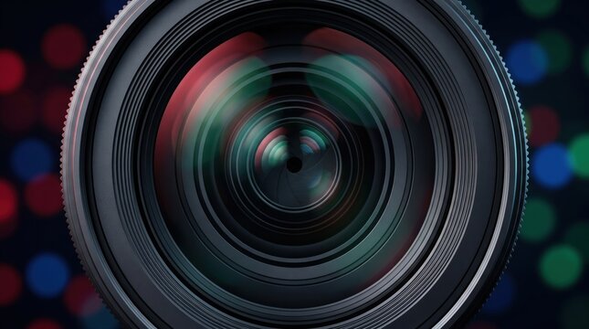 Professional camera lens close up, optical glass reflections with colorful bokeh background, photography equipment and cinematic video production concept