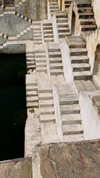 Step well located in Jodhpur, Rajasthan, India. Stepwells are wells or ponds in which the water is reached by descending a set of steps to the water level.