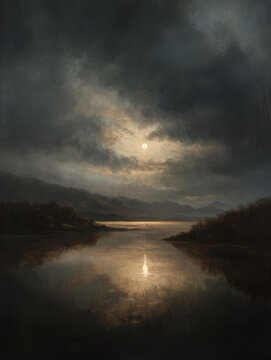 Atmospheric Moonlight over Still Lake, Oil Painting with Dark Clouds.