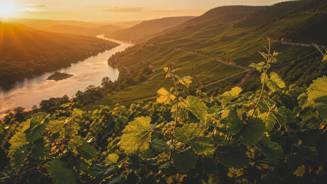 Sunlit vineyard overlooking a winding river through rolling hills, capturing the beauty of wine country, sustainable viticulture, and rural tourism.