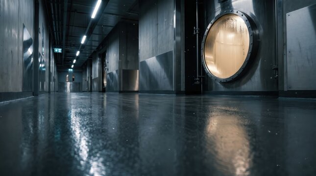 Industrial corridor with glowing circular window and reflective floor