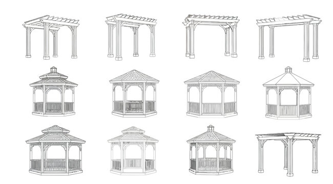 Set of architectural sketches of pergolas and gazebos
