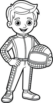 Cartoon race car driver holding helmet in racing suit, silhouette vector emphasizing motorsport, speed, competition, and professional character design
