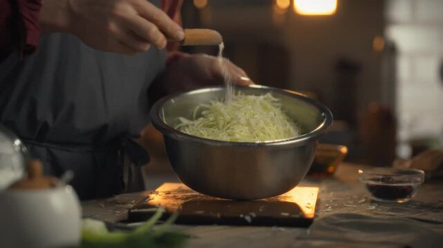 A chef's hands sprinkle table salt crystals over a pile of shredded cabbage, blending the mineral-rich condiment into the mix, enhancing flavor