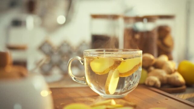 Freshly sliced ginger rhizome swirls in a transparent cup, releasing its potent healing benefits as the anti-inflammatory properties of the root infuse the ginger juice