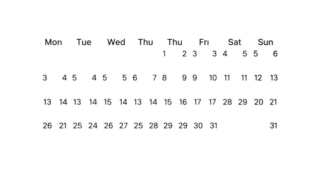 Monthly calendar layout with days of the week and dates for organization and planning purposes