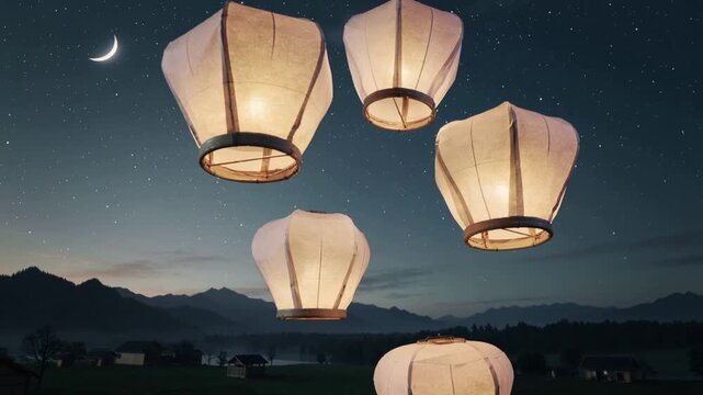 Glowing lanterns floating in the night sky with a crescent moon and mountain range in the background.