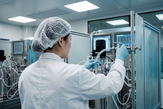 Scientist adjusting bioreactor feed line in laboratory environment
