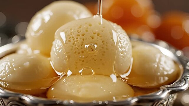 Delicious Honey Drizzled Over Sweet Pastries in a Silver Bowl.