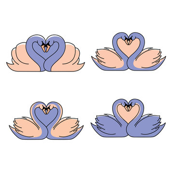 Set of four pairs of elegant swans forming heart shapes with their necks.