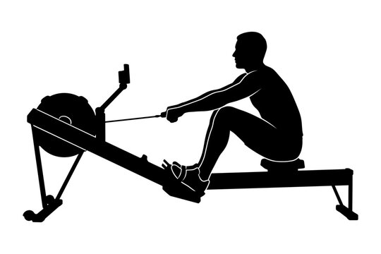 Person rowing on indoor rowing machine silhouette in black and white vector style editable vector silhouette
