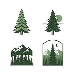 Obraz premium Set of four vintage outdoor mountain and evergreen pine tree illustrations.