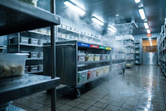 Walk-in cold storage with diet-specific food prep carts in hospital