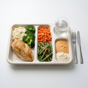 Hospital meal tray with roasted chicken mashed potatoes and vegetables