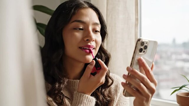 Young woman applying bright pink lipstick with a phone acting as a mirror in a well lit room