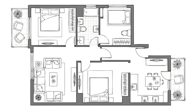 Detailed architectural floor plan drawing showcasing a spacious multi room dwelling with balconies presenting furniture arrangement and room layout for residential property development and