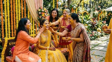 Fototapeta premium Joyful indian bride celebrating haldi ritual with family in a yellow floral garden, candid outdoor shot.