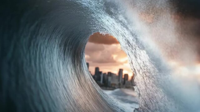 A massive tsunami wave crashes against buildings in a city as the sun sets in the background, creating a dramatic moment in nature's power and form