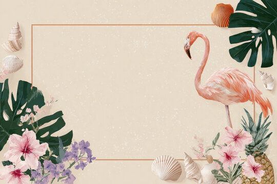 Summer tropical background with copy space for a text, pink flamingo with monstera leaves.