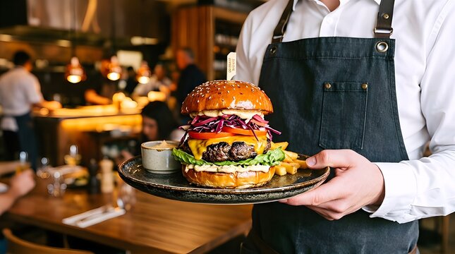 A professional chef in a white uniform proudly holding a tray with two delicious gourmet burgers with fresh ingredients. A high-quality visual for restaurant branding and food industry.