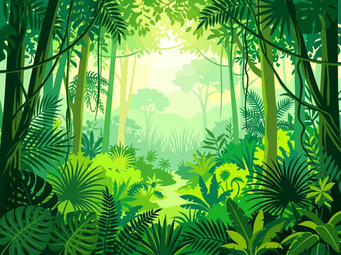 Tropical Jungle Landscape with Dense Green Foliage, Palm Leaves, and Sunlight Background Vector