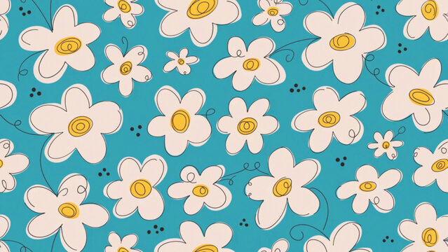 Seamless pattern of simple daisy flowers, soft cream petals  background