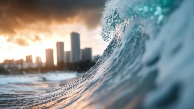 A massive tsunami wave rolls toward the shore, hitting buildings along the city skyline as the sun sets in the background, creating a powerful and dramatic moment