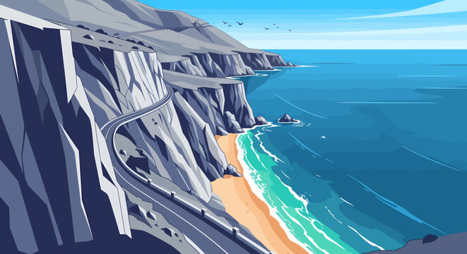Coastal road winding along majestic cliffs overlooking the serene ocean.