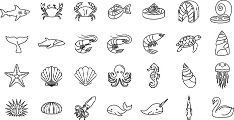 Marine Life Icon Set Featuring Fish, Turtles, Crabs, Shells, and Other Ocean Creatures for Wildlife, Aquatic, and Sea Life Themes © Sohel