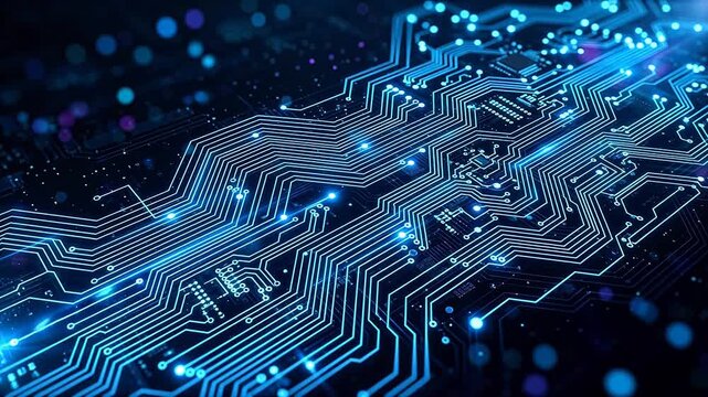 Circuit board with glowing blue lines ideal for tech startups and software promos