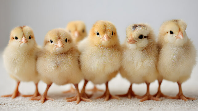 Baby chicks standing together isolated on light background farm poultry concept