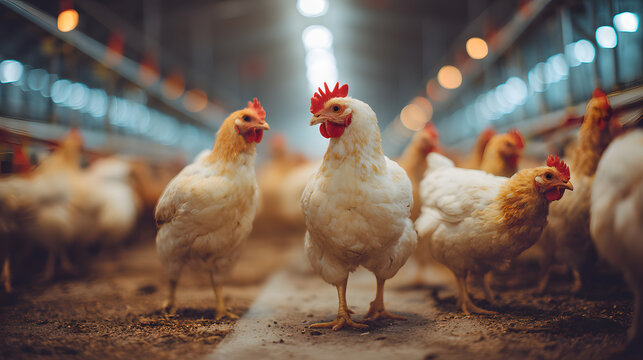 Chickens in modern poultry farm indoor livestock production agriculture industry