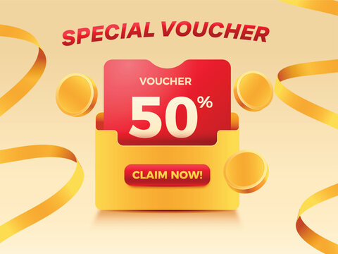 Special voucher pop up drom envelope folder design with money flying and ribbon. Promotion design  for e-commerce and marketing campaign.