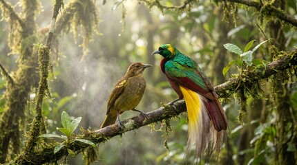 Fototapeta premium Two colorful birds perched on a branch in lush rainforest