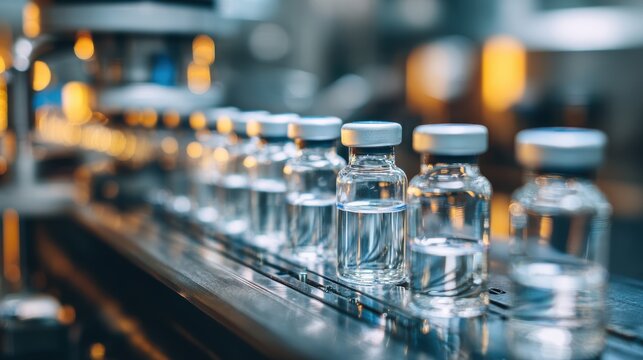 Medical vials on production line at pharmaceutical factory, Pharmaceutical machine working pharmaceutical glass bottles production line, health care, pandemic