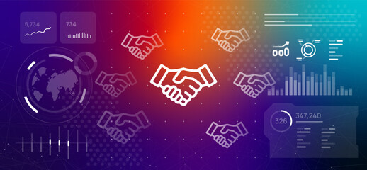 Obraz premium International partnership and multilateral agreement concept featuring multiple handshake icons surrounding central deal symbol with data visualization and global network interface