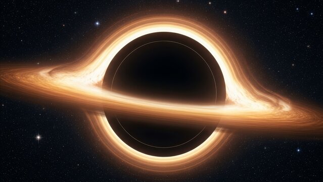 Black hole with glowing orange accretion disk and gravitational lensing effect in deep space with stars background