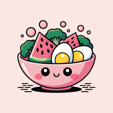 Cute cartoon bowl, smiling food bowl, healthy meal, colorful vegetables, cartoon illustration