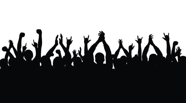 Silhouette of a cheering crowd with raised hands