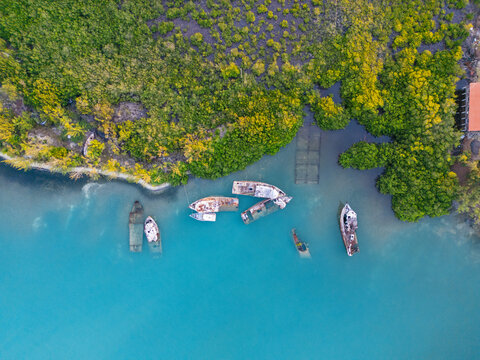 Aerial view of several abandoned shipwrecks submerged in turquoise coastal waters along a lush green mangrove shoreline in Guanaja, Bay Islands Department, Honduras.