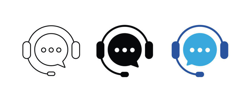 Customer support icon set for call center service, hotline operator, agent and staff symbols, communication and assistance concept