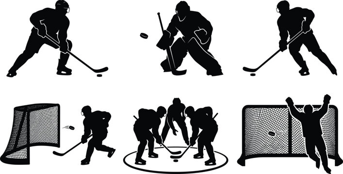 Ice hockey silhouettes set with players goalie and faceoff action isolated on white background for sports design