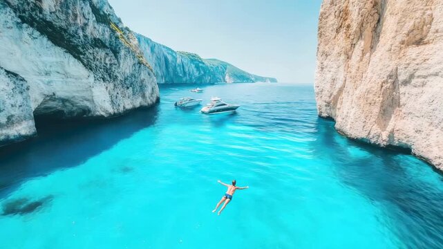 Aerial view of crystal clear turquoise waters and cliffside boats with swimmer at navagio beach