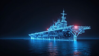 Fototapeta premium Sci-Fi Aircraft Carrier on the Ocean: Glowing Blue Outline of a Futuristic Warship at Sea