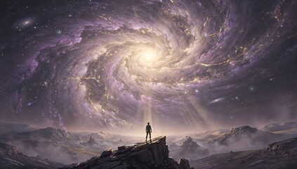 Fototapeta premium Silhouette of a person standing before a massive glowing nebula, concept of amazement and cosmic wonder.