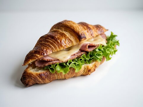 Delicious ham and cheese croissant sandwich with lettuce on a white surface  a tasty breakfast or snack option