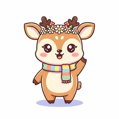 Fototapeta premium Cute baby deer cartoon character with flower crown and scarf isolated on white background