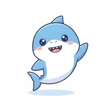 Cute baby shark cartoon character waving fin isolated on white background